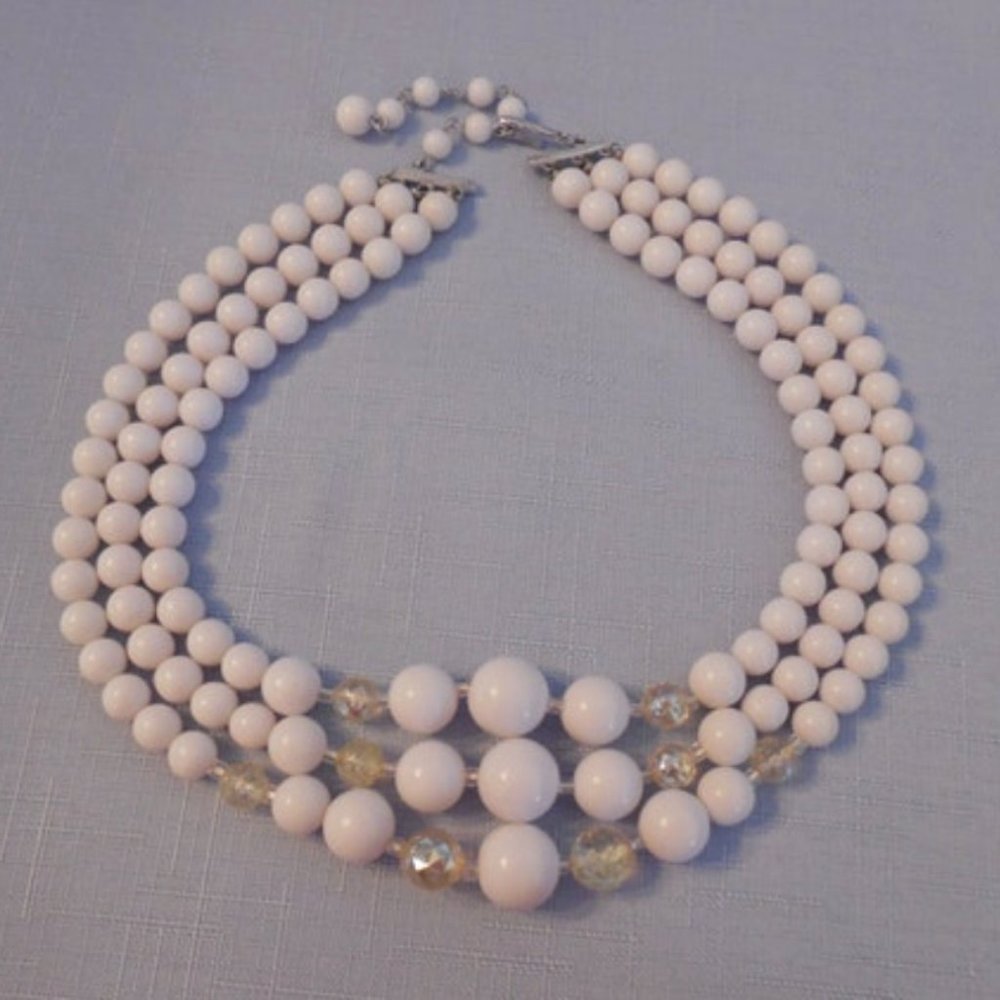 Amazing Vintage Multi Strand Necklace Signed Japan White & AB Beads